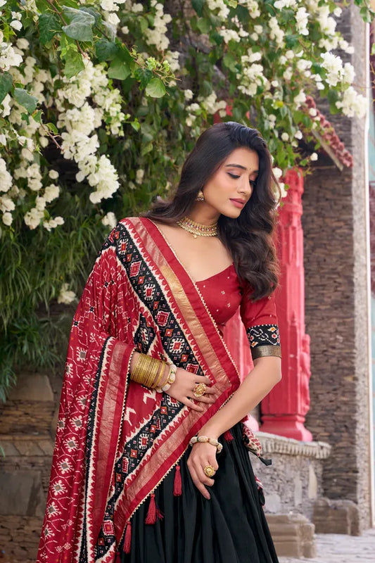 Black Tussar Silk Patola Print Trendy Lehenga Choli In Black