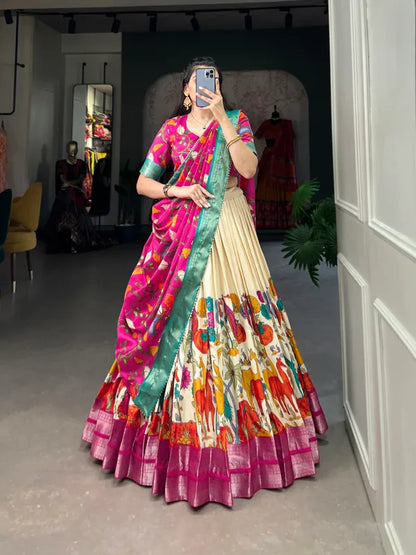 White Color Dola Silk Designer Kalamkari Print Lehenga Choli