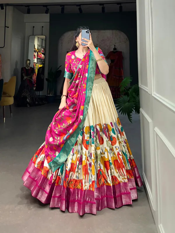 White Color Dola Silk Designer Kalamkari Print Lehenga Choli