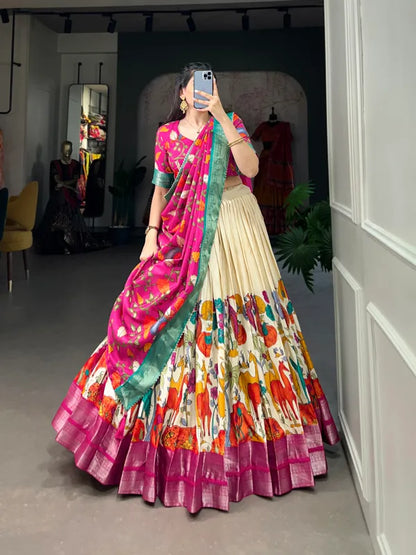 White Color Dola Silk Designer Kalamkari Print Lehenga Choli