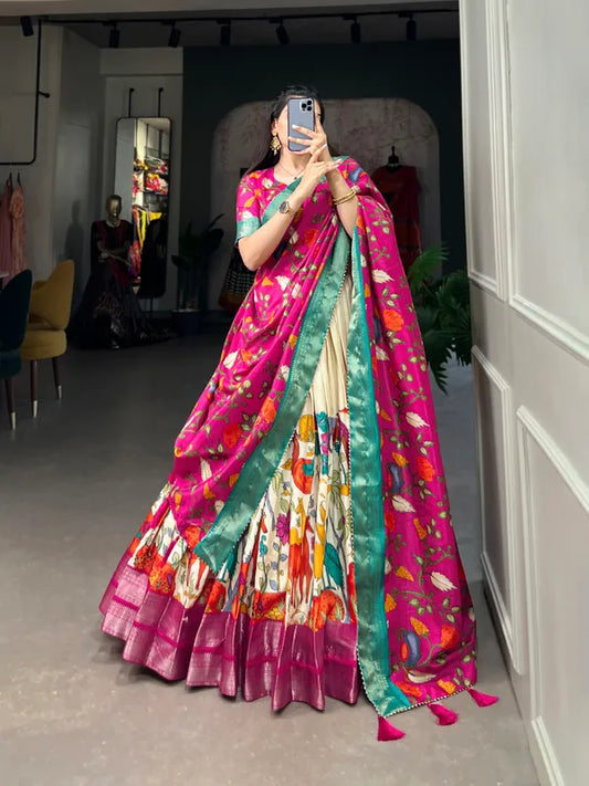 White Color Dola Silk Designer Kalamkari Print Lehenga Choli