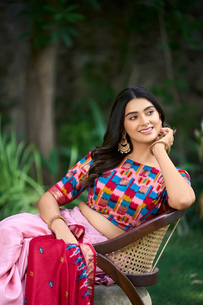 Peach Tussar Silk Printed Navratri Lehenga Choli
