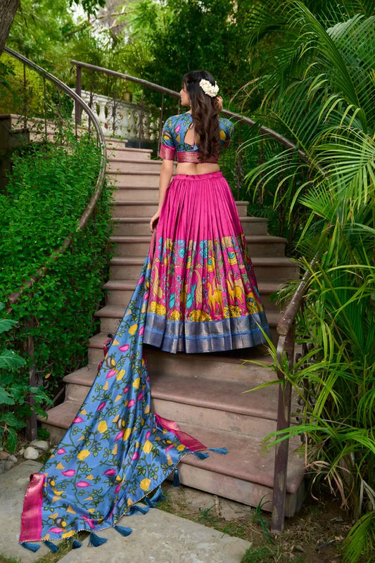 Pink Color Dola Silk Designer Kalamkari Print Lehenga Choli