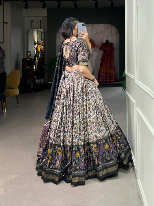 Black Color Tussar Silk Foil Print Lehenga Choli