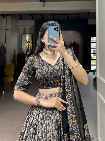 Black Color Tussar Silk Foil Print Lehenga Choli