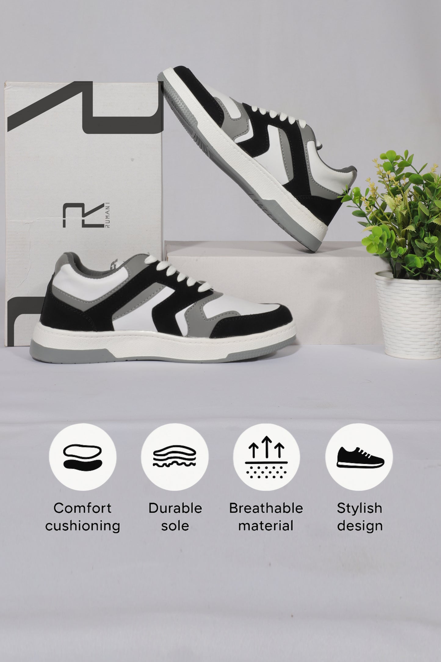 Rumani’s Flexfit Black & White Luxe Sneakers for Men