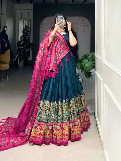 Navy Blue Tussar Silk Patola Print Trendy Lehenga Choli In Navy Blue