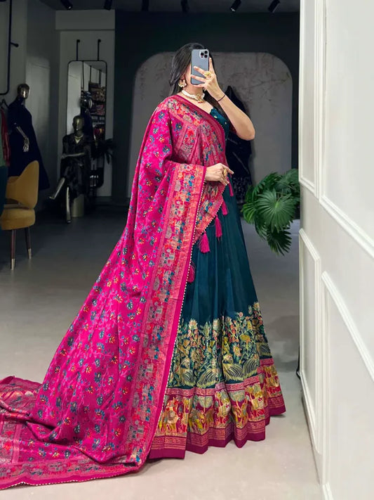 Navy Blue Tussar Silk Patola Print Trendy Lehenga Choli In Navy Blue