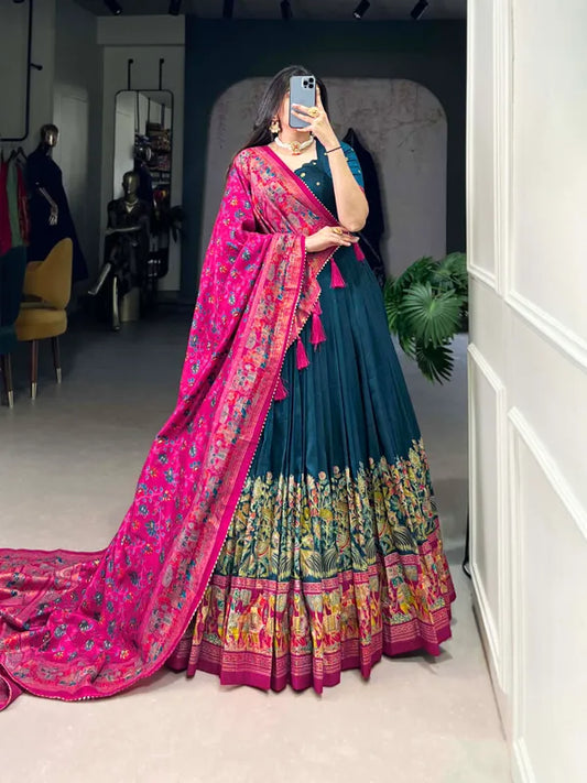 Navy Blue Tussar Silk Patola Print Trendy Lehenga Choli In Navy Blue