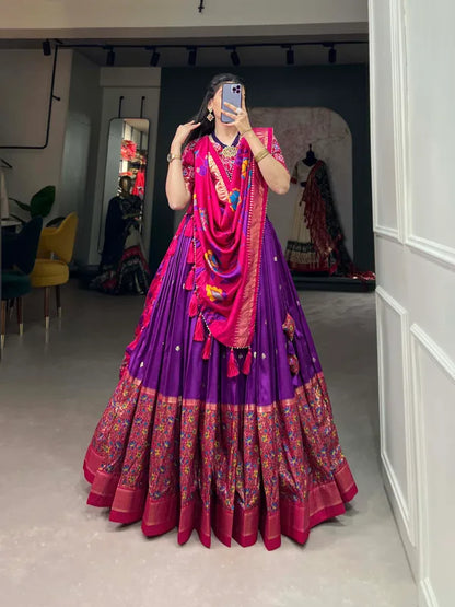 Purple Women Floral Woven Flared Lehenga & Choli With Dupatta