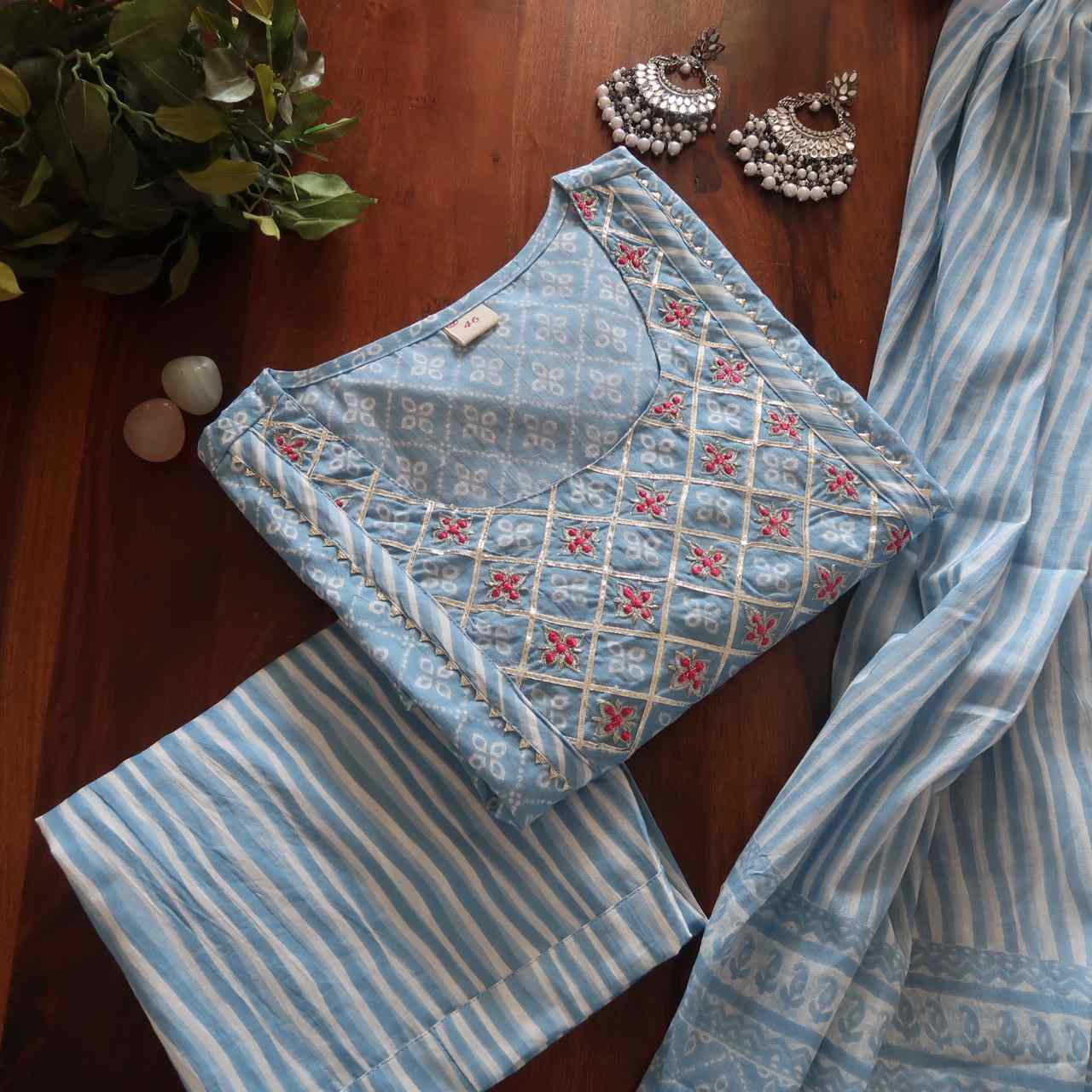 Powder blue breathable relaxing fit cotton suit ( 3 piece )