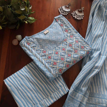 Powder blue breathable relaxing fit cotton suit ( 3 piece )