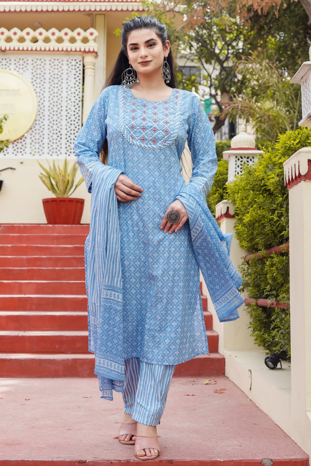 Powder blue breathable relaxing fit cotton suit ( 3 piece )
