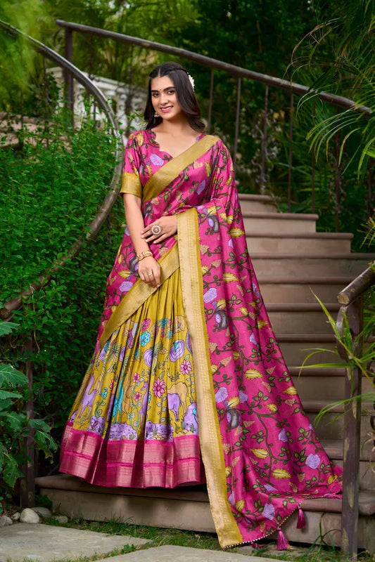 Mustard Color Dola Silk Designer Kalamkari Print Lehenga Choli