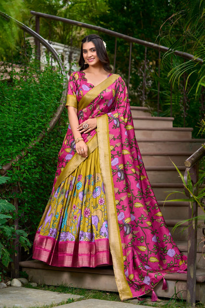 Mustard Color Dola Silk Designer Kalamkari Print Lehenga Choli
