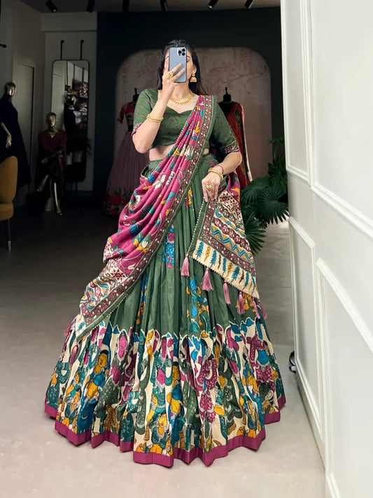 Green Tussar Silk Patola Print Trendy Lehenga Choli In Green