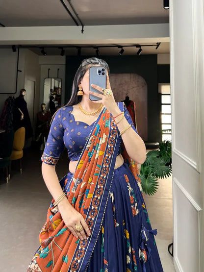 Navy Blue Tussar Silk Patola Print Trendy Lehenga Choli