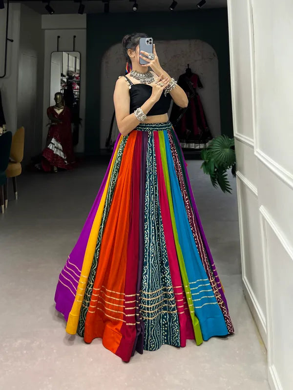 Multicolor Navratri Multi Rayon Lehenga And Gamthi Work Blouse For Navratri Festive Fashion At Its Best: