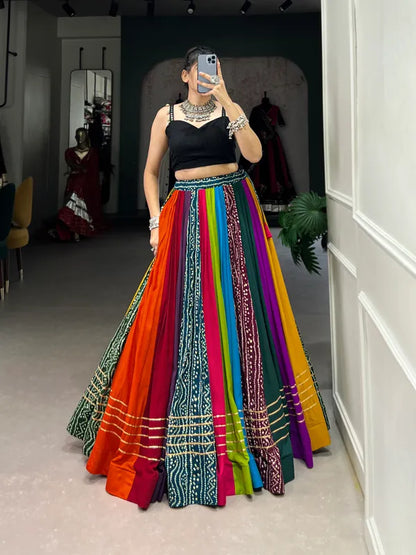 Multicolor Navratri Multi Rayon Lehenga And Gamthi Work Blouse For Navratri Festive Fashion At Its Best: