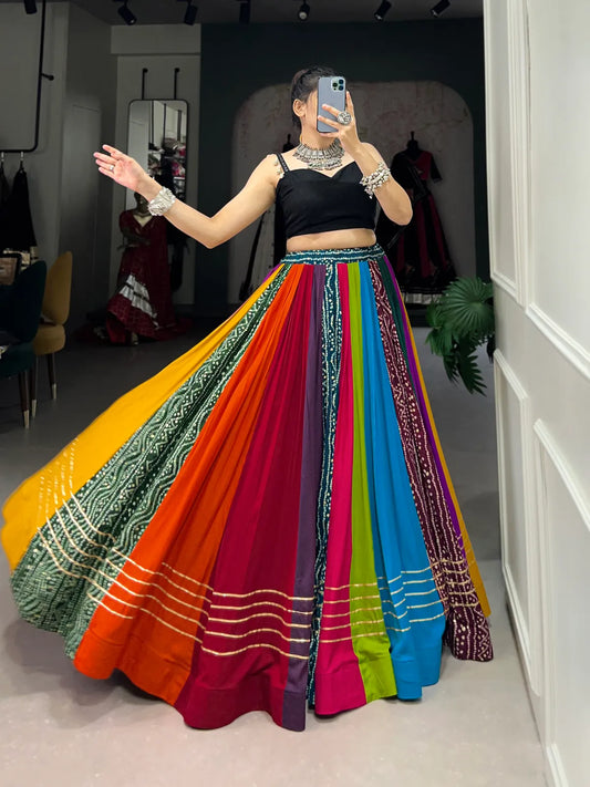 Multicolor Navratri Multi Rayon Lehenga And Gamthi Work Blouse For Navratri Festive Fashion At Its Best: