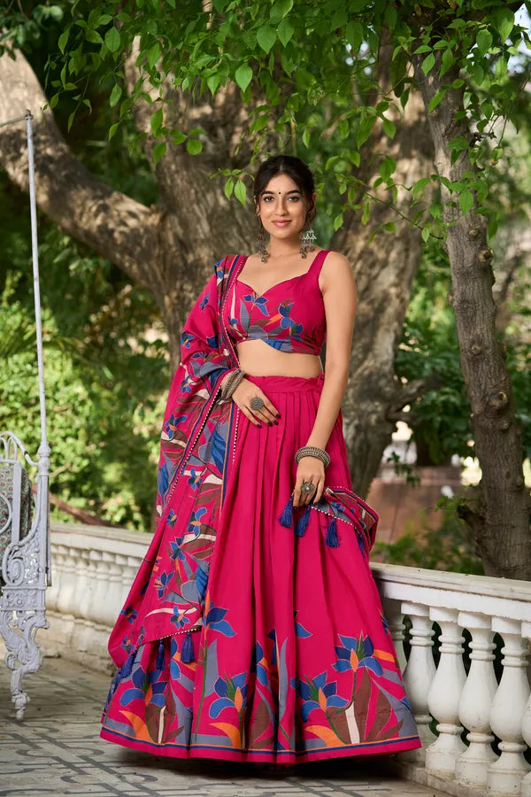 Rani Pink Floral Lehenga Choli With Foil Print & Gotta Patti Dupatta