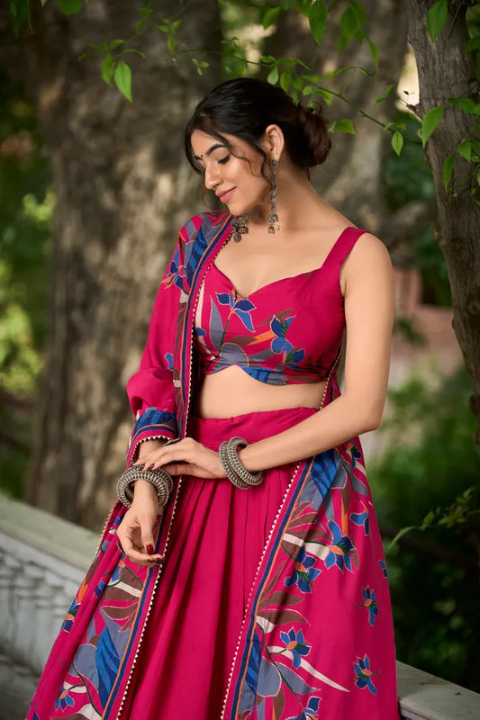 Rani Pink Floral Lehenga Choli With Foil Print & Gotta Patti Dupatta
