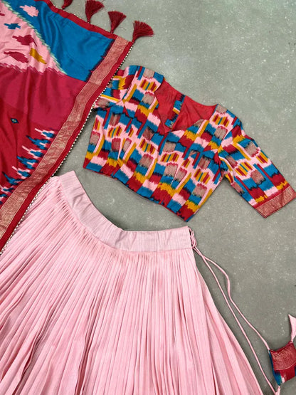 Peach Color Tussar Silk Printed Navratri Lehenga Choli