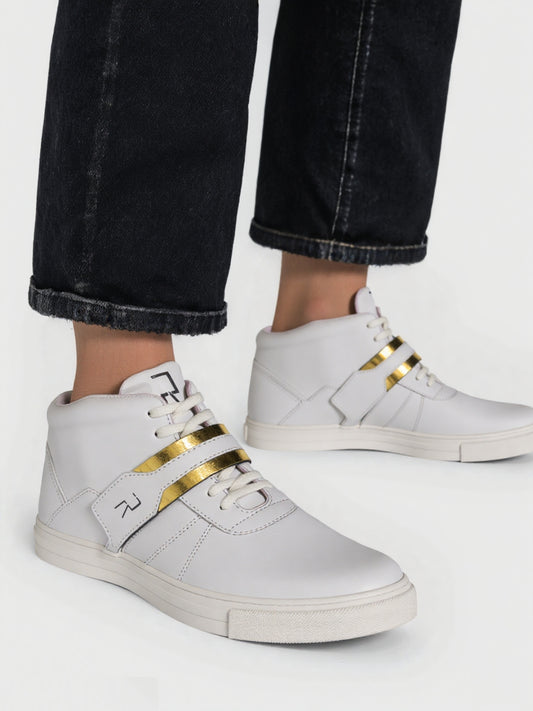 Rumani Era: White Unisex Shoes with Gold Accents