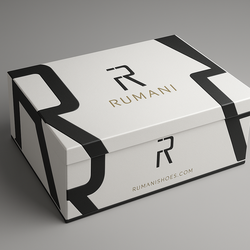 Elegant Rumani shoe box with a modern, minimalist design – features the Rumani brand logo, website QR code, customer care contact, and essential product details. Perfect for premium footwear packaging that reflects sophistication and brand identity.