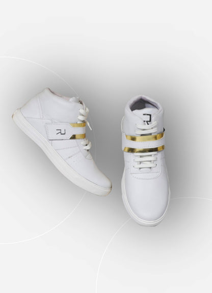 Rumani Era: White Unisex Shoes with Gold Accents