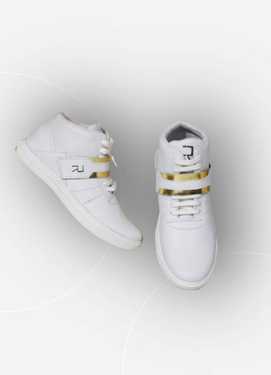 Rumani Era: White Unisex Shoes with Gold Accents
