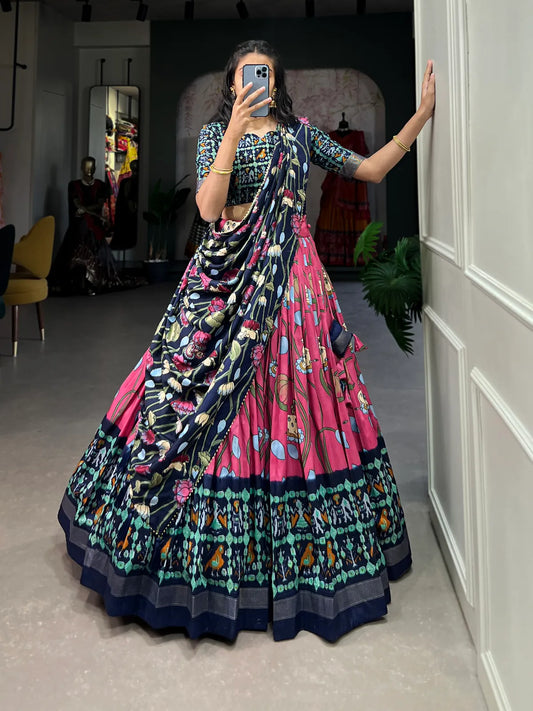 Pink Tussar Silk Pink Fabulously Patola Printed Stitched Lehenga & Blouse With Dupatta