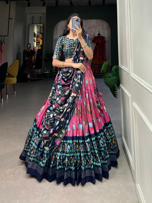Pink Tussar Silk Pink Fabulously Patola Printed Stitched Lehenga & Blouse With Dupatta