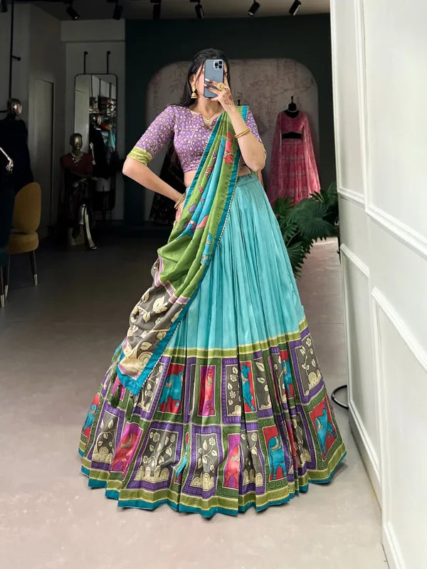 Sea Green Color Tussar Silk Foil Print Lehenga Choli