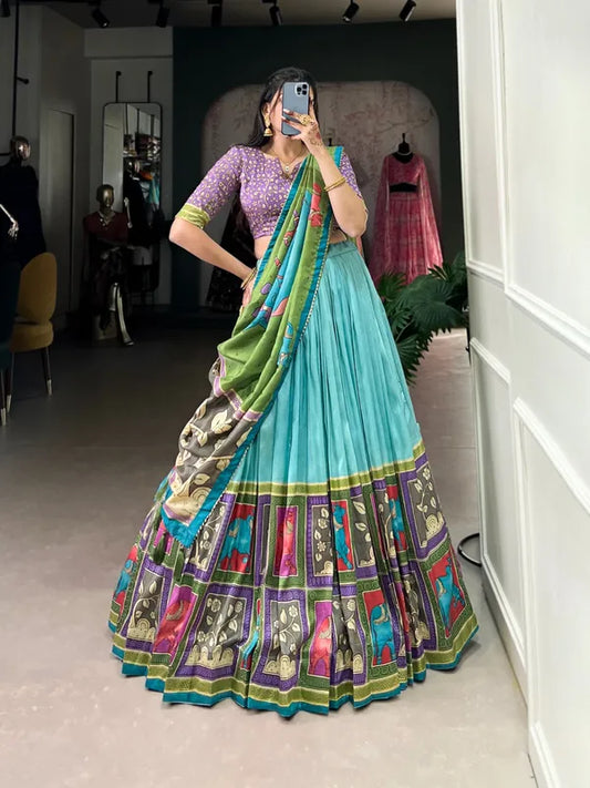 Sea Green Color Tussar Silk Foil Print Lehenga Choli