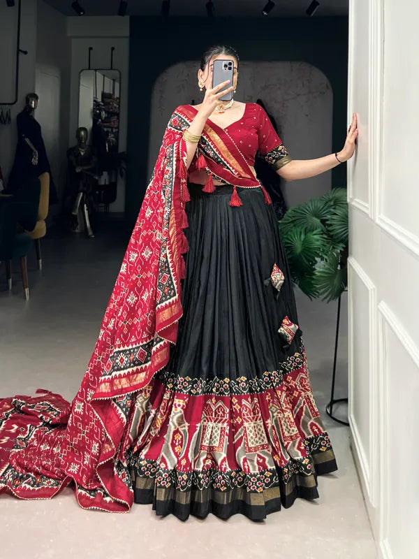 Black Tussar Silk Patola Print Trendy Lehenga Choli