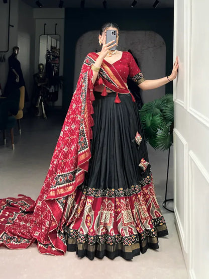 Black Tussar Silk Patola Print Trendy Lehenga Choli