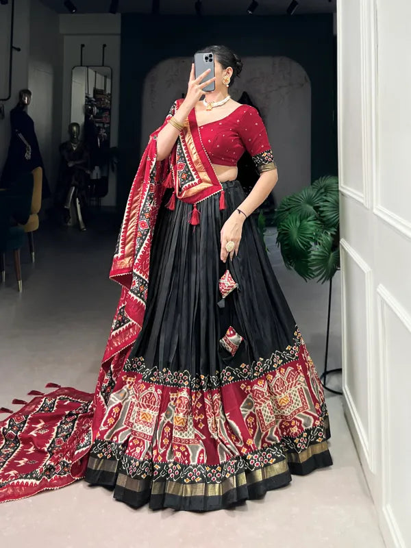 Black Tussar Silk Patola Print Trendy Lehenga Choli