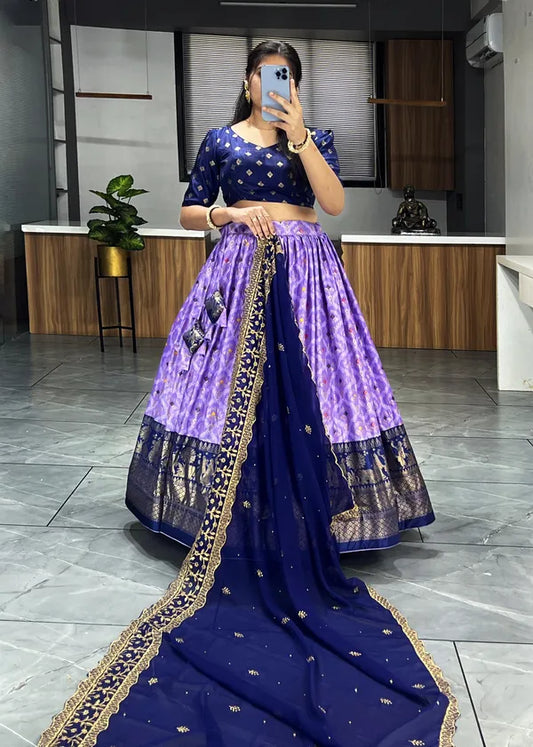 Lavender Color Dola Silk Printed Bandhani Lehenga Choli With Heavy Embroidery On Dupatta