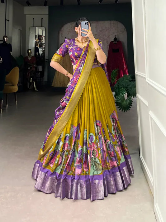Yellow Color Dola Silk Designer Kalamkari Print Lehenga Choli