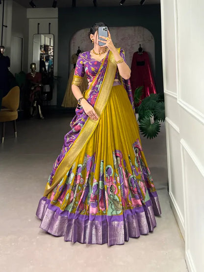 Yellow Color Dola Silk Designer Kalamkari Print Lehenga Choli