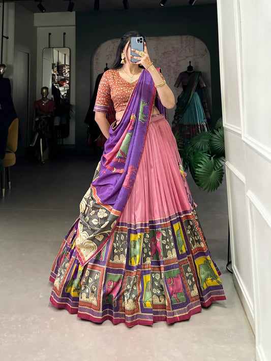 Peach Color Tussar Silk Foil Print Lehenga Choli