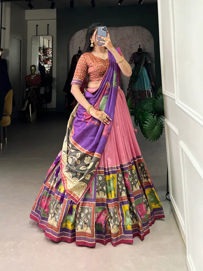 Peach Color Tussar Silk Foil Print Lehenga Choli
