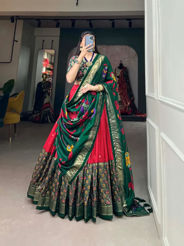 Red Floral Woven Flared Lehenga & Choli With Dupatta For Women