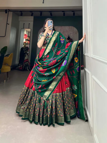 Red Floral Woven Flared Lehenga & Choli With Dupatta For Women