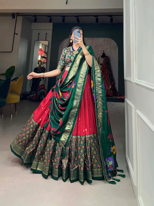 Red Floral Woven Flared Lehenga & Choli With Dupatta For Women