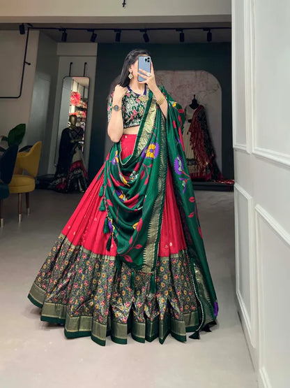 Red Floral Woven Flared Lehenga & Choli With Dupatta For Women