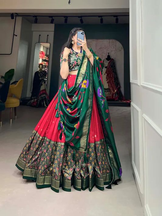 Red Floral Woven Flared Lehenga & Choli With Dupatta For Women