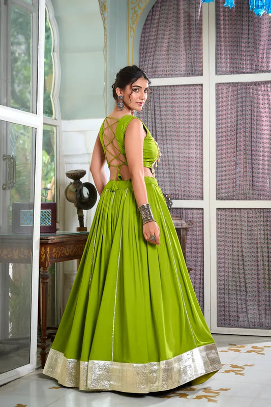 Parrot Rayon Lehenga And Gamthi Work Blouse For Navratri