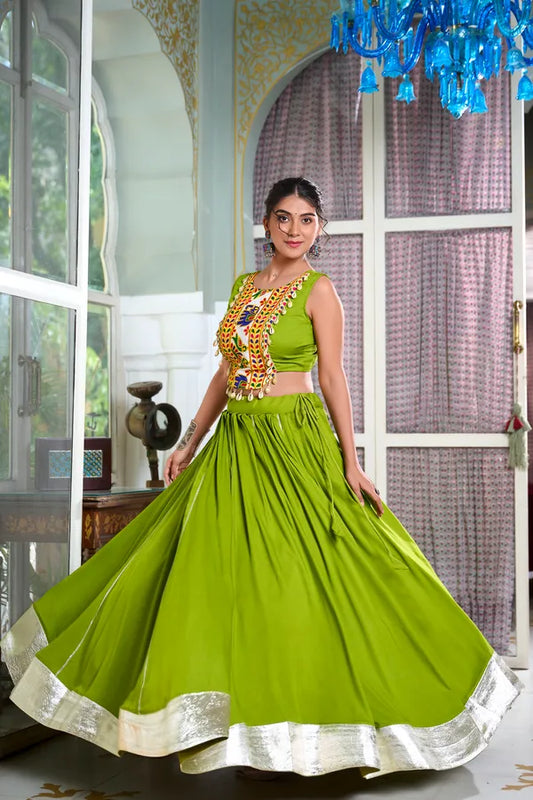 Parrot Rayon Lehenga And Gamthi Work Blouse For Navratri